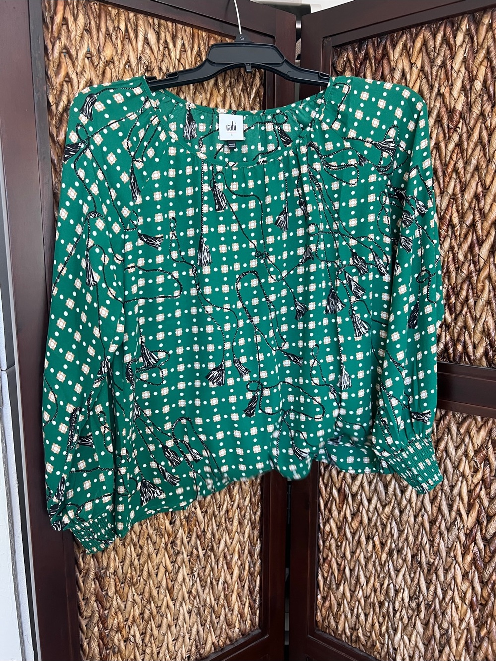 CAbi Emerald Green Floral Tassel Peasant Blouse